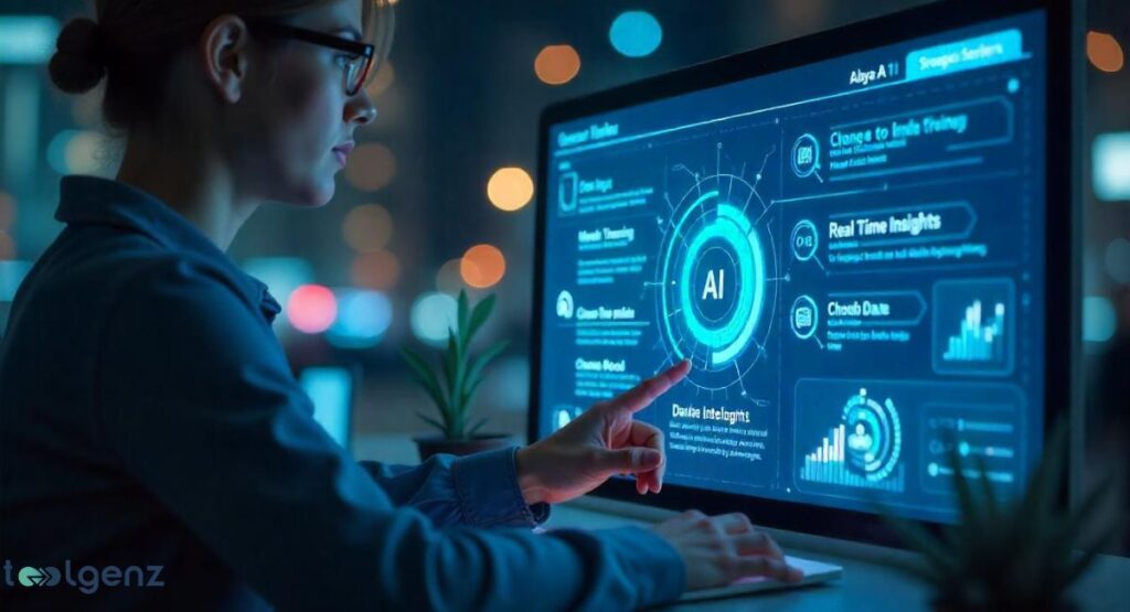 A woman in glasses focused on a computer monitor displaying the "Alaya AI" interface with various data visualizations, an "AI" core, and features like real-time insights and cloud data.