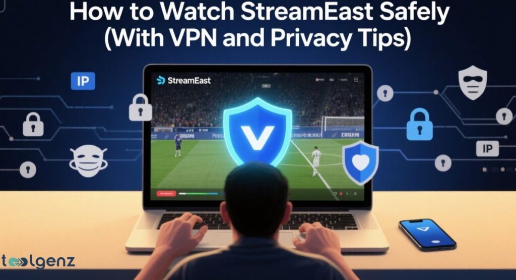 A person watching a soccer match on a laptop displaying the StreamEast app with a prominent VPN shield icon and a smaller heart shield, surrounded by digital security icons like padlocks, IP addresses, and masks, illustrating "How to Watch StreamEast Safely (With VPN and Privacy Tips)."