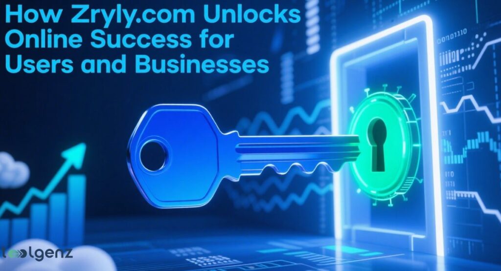 A large, glowing blue key inserting into a vibrant green keyhole embedded within a glowing digital screen, surrounded by abstract blue circuit patterns, data visualizations, and an upward-trending graph, symbolizing "How Zryly.com Unlocks Online Success for Users and Businesses.