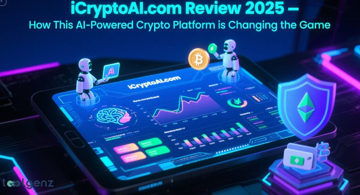 A futuristic tablet displaying the "iCryptoAI.com" platform with cryptocurrency graphs, an AI brain icon, and two robots interacting with a Bitcoin, symbolizing an AI-powered crypto platform, along with icons for security and wallets.
