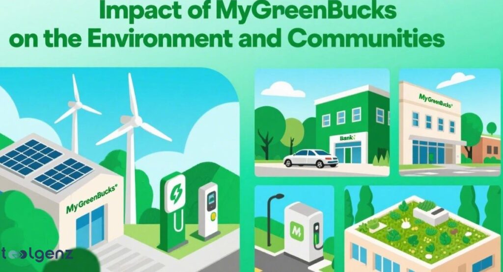 A collage of illustrations showcasing "Impact of MyGreenBucks on the Environment and Communities," featuring a building with solar panels and wind turbines, a bank with a car charging station, another MyGreenBucks building, and a building with a green roof.