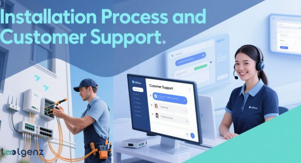 A split image showing an IT technician installing equipment on the left, and a smiling customer support representative with a headset at a desk with a monitor displaying "Customer Support" options on the right, illustrating "Installation Process and Customer Support.