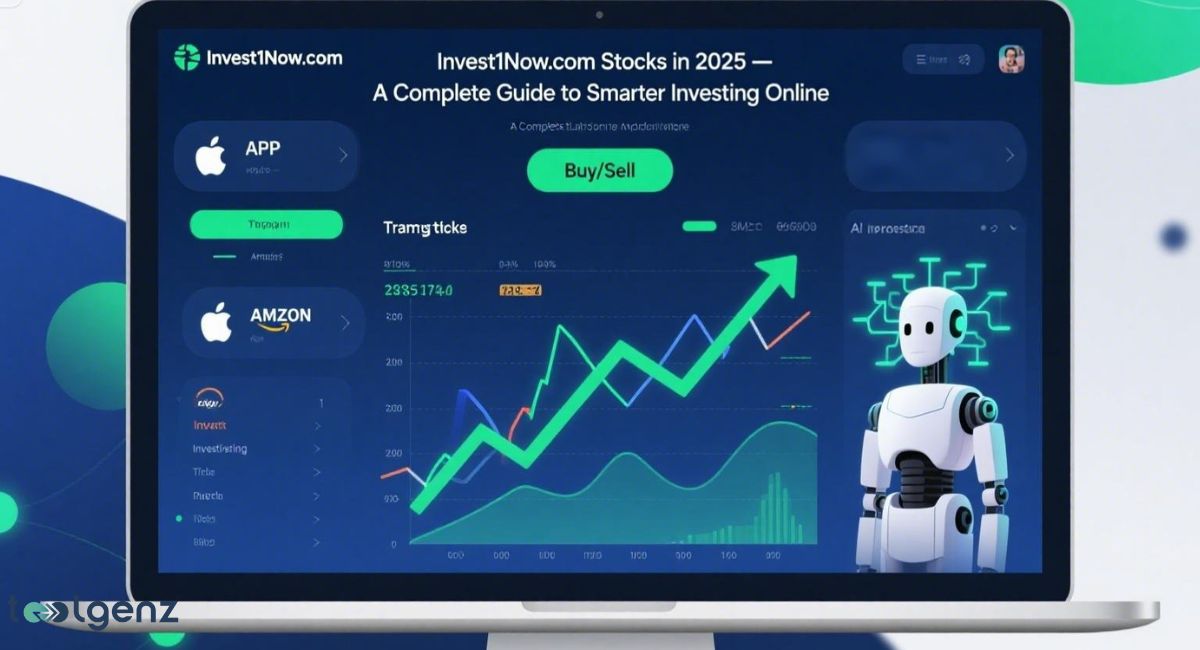A laptop displaying the "Invest1Now.com" platform, showing stock market graphs with an upward trend, a buy/sell button, and a white robot symbolizing AI assistance, illustrating a guide to smarter online investing in 2025.