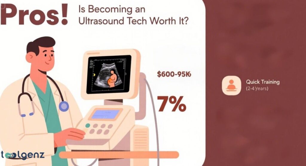 A male ultrasound technician stands next to an ultrasound machine, which displays a foetus on its screen. The image highlights a salary range of "$600-95K" and a "7%" figure, with a separate icon indicating "Quick Training (2-4 years)". The title asks, "Pros! Is Becoming an Ultrasound Tech Worth It?".

