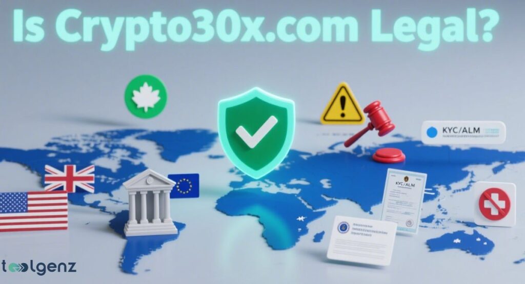 A global map with flags of the USA, UK, and EU, alongside legal and crypto symbols like a glowing green shield, a gavel, warning sign, and KYC/AML documents, asking "Is Crypto30x.com Legal?".