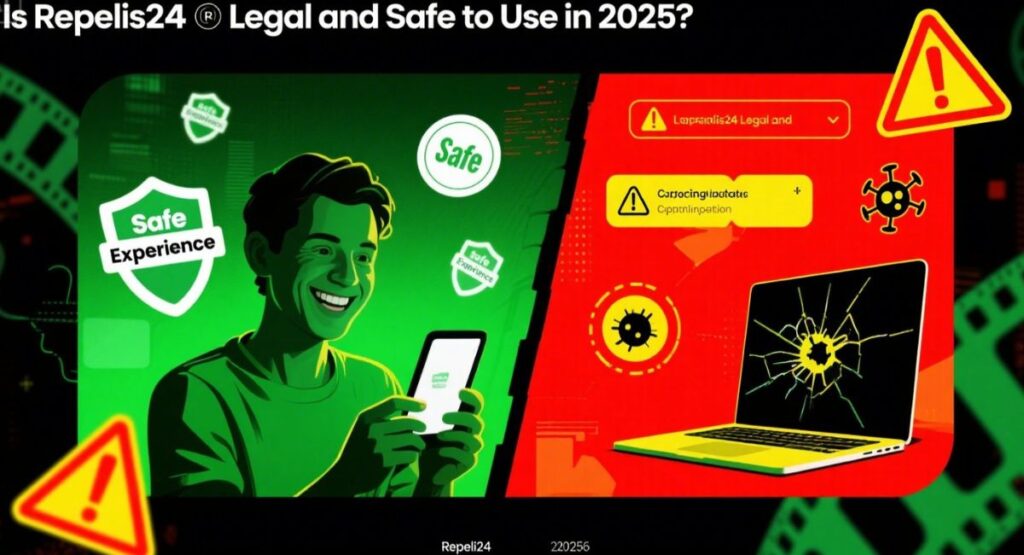 A split image addressing "Is Repelis24 Legal and Safe to Use in 2025?". The left side shows a smiling man with a "Safe Experience" shield icon, indicating safety. The right side shows a cracked laptop screen with warning signs and a virus icon, representing potential risks.