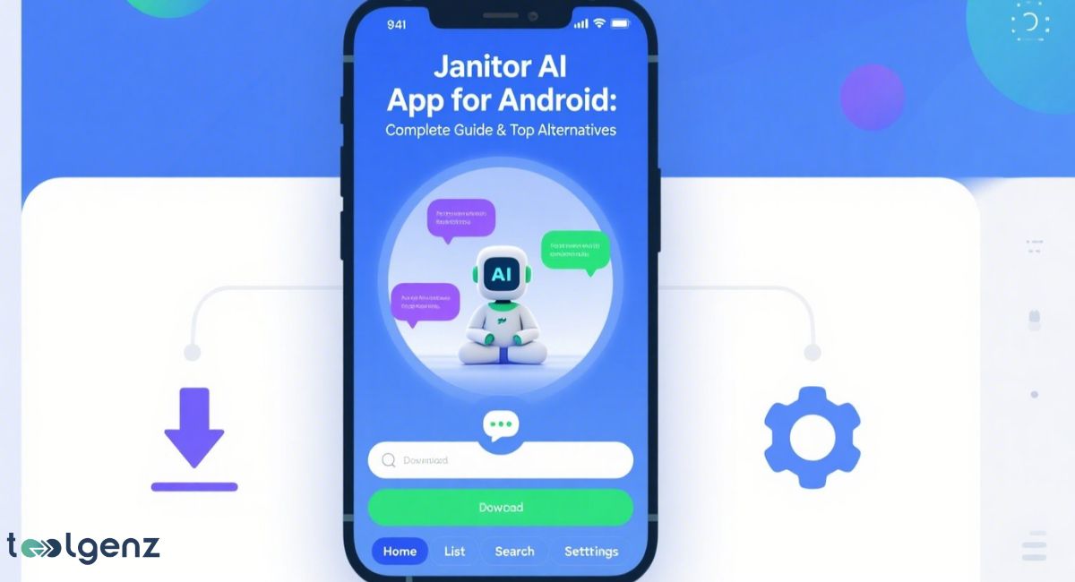 Smartphone screen displaying the "Janitor AI App for Android" with a 3D robot AI character, chat bubbles, a search bar, and navigation tabs. The phone is placed on a larger graphic with a download arrow and a gear icon.
