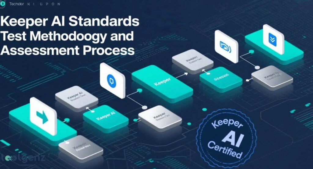 An infographic illustrating the "Keeper AI Standards Test Methodology and Assessment Process" with a series of connected 3D blocks and icons showing steps from "Keeper AI Standards Test" to "Keeper AI Certified," on a dark blue background with glowing lines.