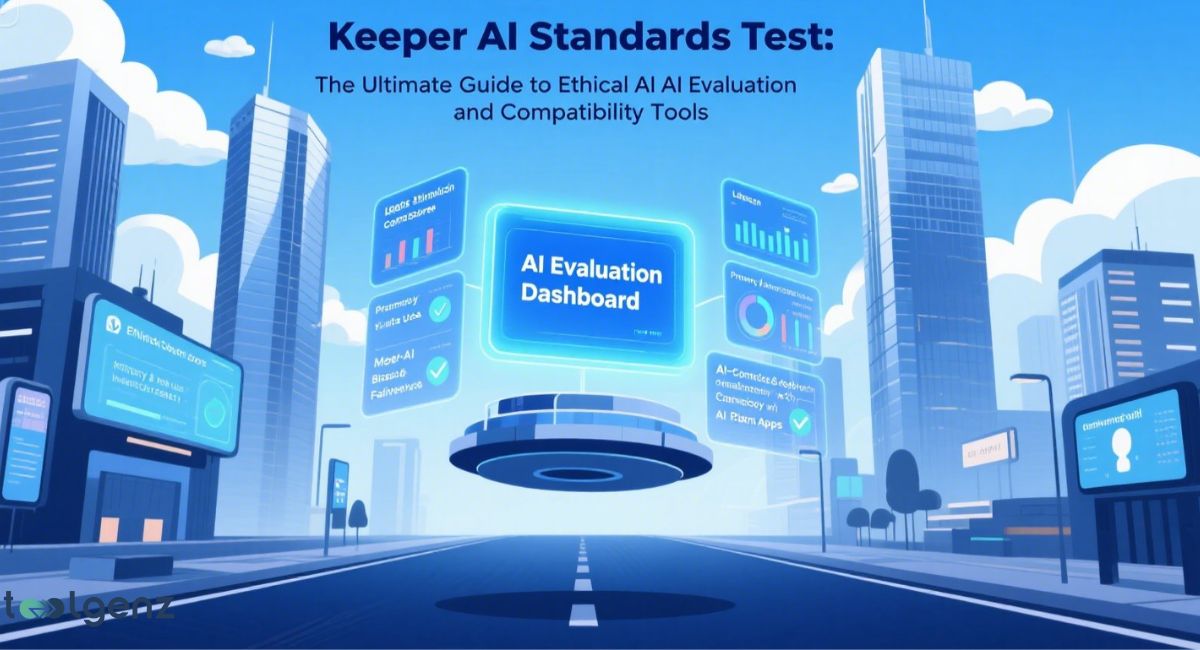 A futuristic cityscape with an "AI Evaluation Dashboard" floating above a road, surrounded by holographic displays showing various metrics and an "AI Standards Test" title, representing ethical AI evaluation.