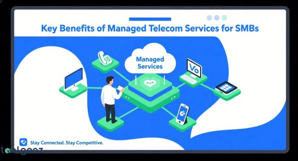 An infographic titled "Key Benefits of Managed Telecom Services for SMBs" showing a person interacting with a central "Managed Services" hub, which is connected to various communication devices like computers, phones, and tablets, all set against a blue and white background.