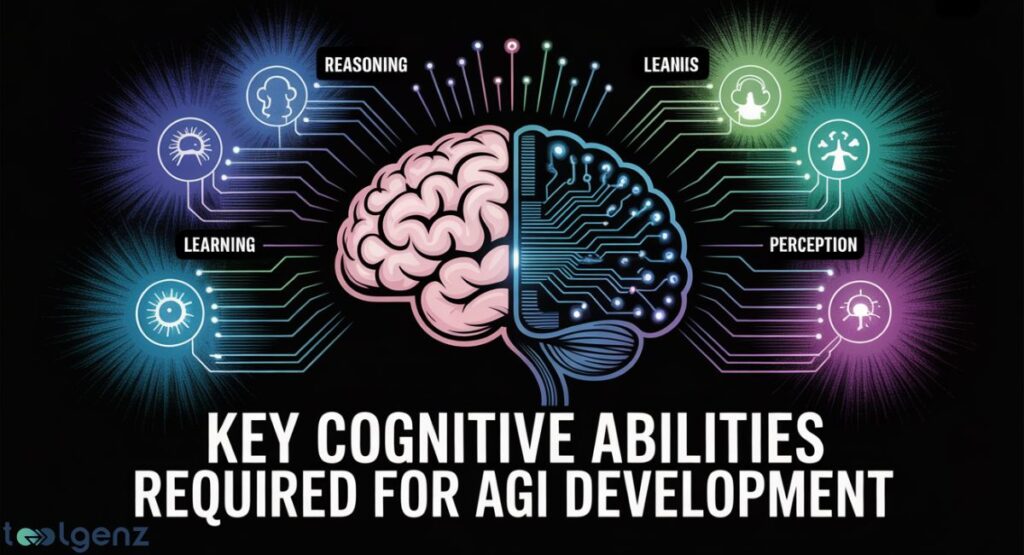 An abstract illustration depicting a human brain (left half organic, right half circuit board) at its center. Six colorful, glowing circular icons surround it, connected by lines to the brain. These icons represent "Reasoning," "Learning," "Perception," and "LEANIIS" (likely a typo for 'Planning' or another cognitive ability), representing "Key Cognitive Abilities Required for AGI Development."