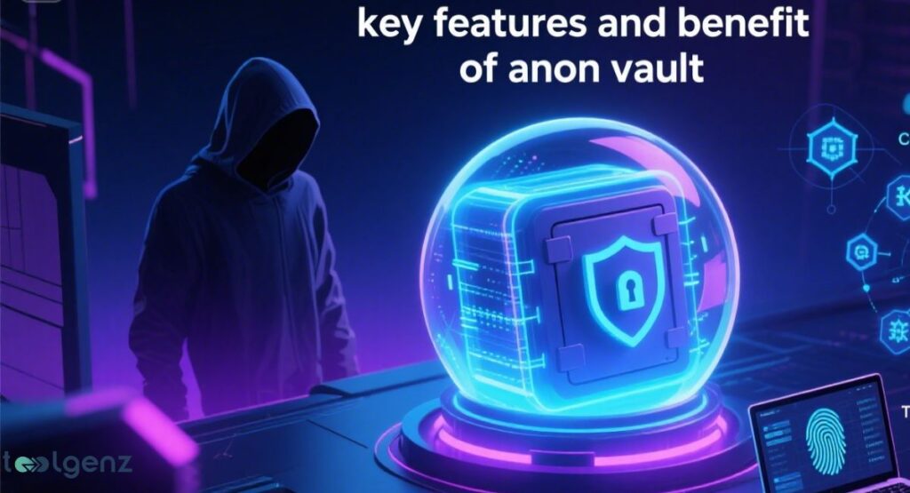 A glowing, futuristic vault icon encased in a sphere, representing Anon Vault's security features, with a hooded figure in the background symbolizing online anonymity and protection against cyber threats.