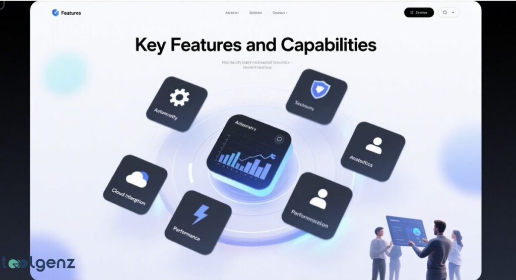 An infographic titled "Key Features and Capabilities," displaying a central glowing graph icon surrounded by six other icons representing features like automation, security, analytics, personalization, performance, and cloud integration.