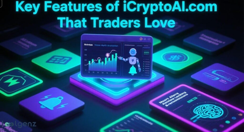 A central digital screen displaying a cryptocurrency trading graph, an AI robot, and a bell icon, surrounded by numerous glowing square tiles with various icons representing features like alerts, analytics, and security, all under the title "Key Features of iCryptoAI.com That Traders Love."