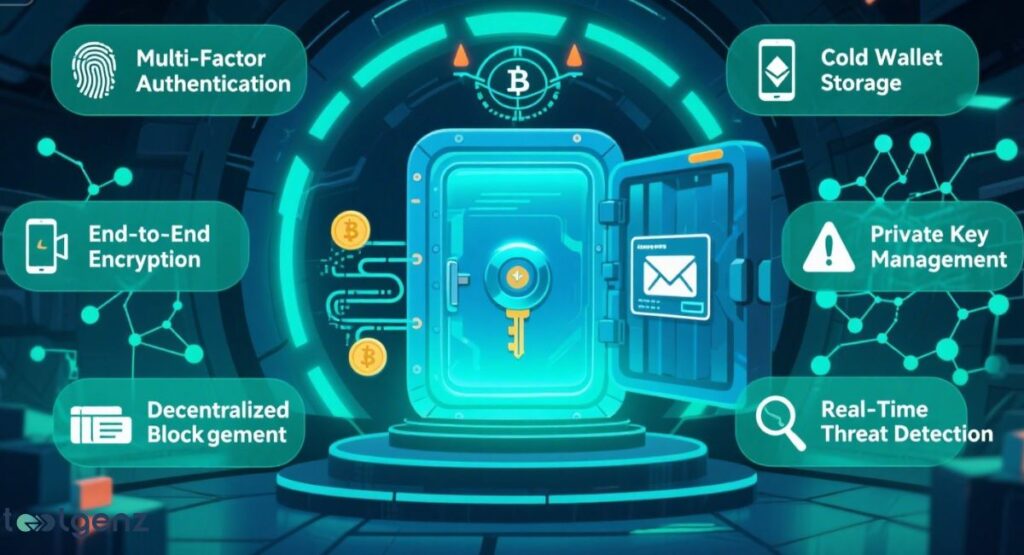 A central digital vault with a Bitcoin symbol above it, surrounded by six glowing icons representing key cryptocurrency security features: Multi-Factor Authentication, Cold Wallet Storage, End-to-End Encryption, Private Key Management, Decentralized Blockchain, and Real-Time Threat Detection.