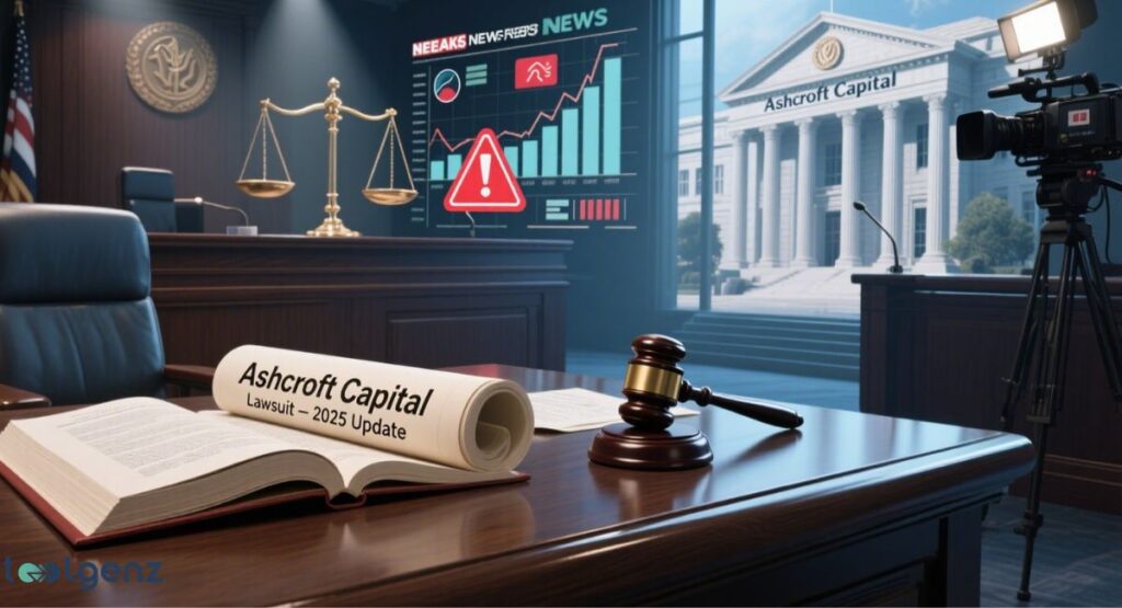 A courtroom scene with a gavel, legal documents titled "Ashcroft Capital Lawsuit - 2025 Update," scales of justice, and a screen displaying negative financial trends and a warning sign, representing the latest legal developments.