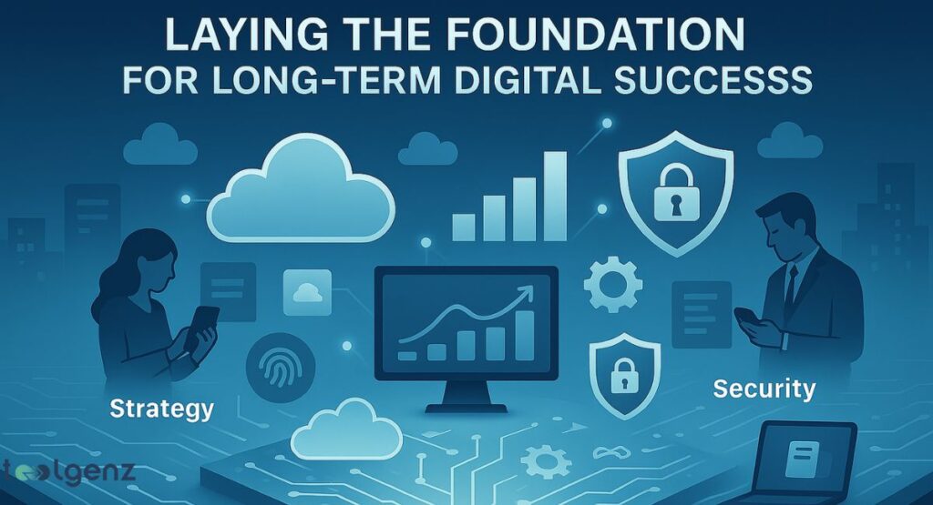 An infographic illustrating "Laying the Foundation for Long-Term Digital Success." It features a blueprint-like background with glowing circuit lines. Key concepts shown are "Strategy" (represented by a woman with a smartphone and cloud icon), and "Security" (represented by a man with a smartphone and a shield with a padlock). A central monitor displays a graph, and various technology icons like clouds, gears, and bar charts are present.