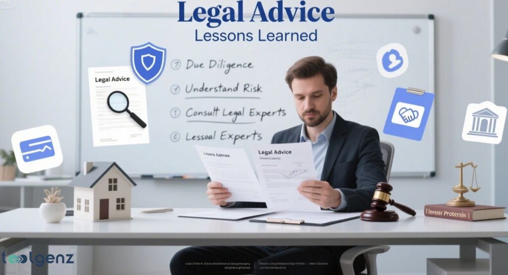 A man in a suit reviewing legal documents at a desk with a model house and gavel, while a whiteboard in the background lists "Legal Advice Lessons Learned" including due diligence, understanding risk, and consulting legal experts.