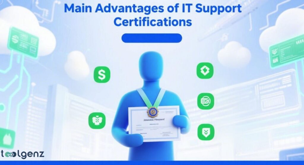 A 3D blue figure wearing a medal and holding a certificate titled "Jamison Davenport," surrounded by green icons representing benefits like money, a shield, an upward arrow, a handshake, and a checkmark, all set against a background of clouds and circuit board designs, illustrating the main advantages of IT support certifications.