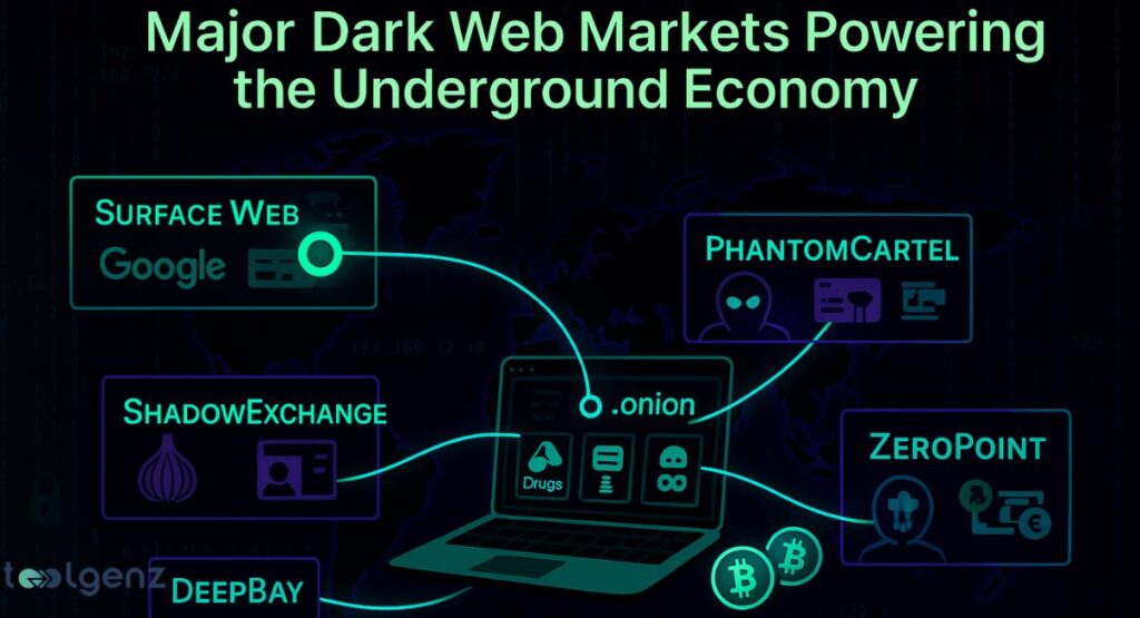 An infographic illustrating "Major Dark Web Markets Powering the Underground Economy," with a central laptop displaying ".onion" and illicit goods icons, connected to various dark web market names like ShadowExchange, PhantomCartel, and ZeroPoint, and contrasted with the Surface Web.