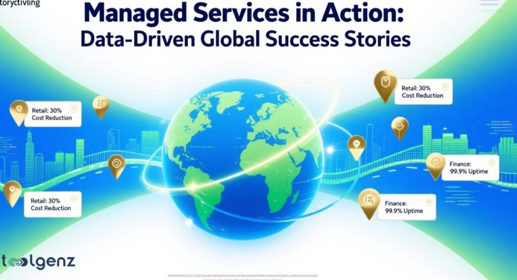 An infographic titled "Managed Services in Action: Data-Driven Global Success Stories" showing the Earth globe surrounded by glowing lines and golden pins indicating various industries like Retail and Finance, with metrics such as "30% Cost Reduction" and "99.9% Uptime."