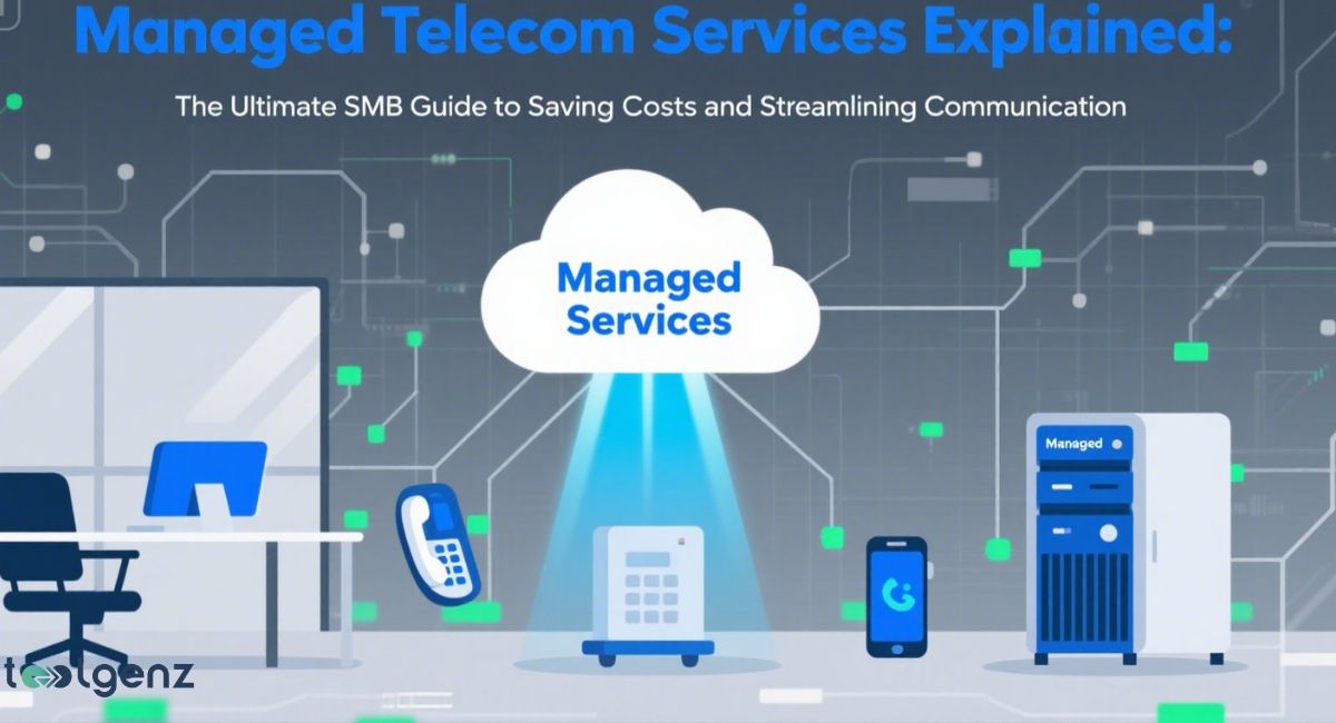 An infographic titled "Managed Telecom Services Explained" showing a cloud labeled "Managed Telecom Services" connected to various communication devices and a server rack, illustrating streamlined communication and cost savings for SMBs.