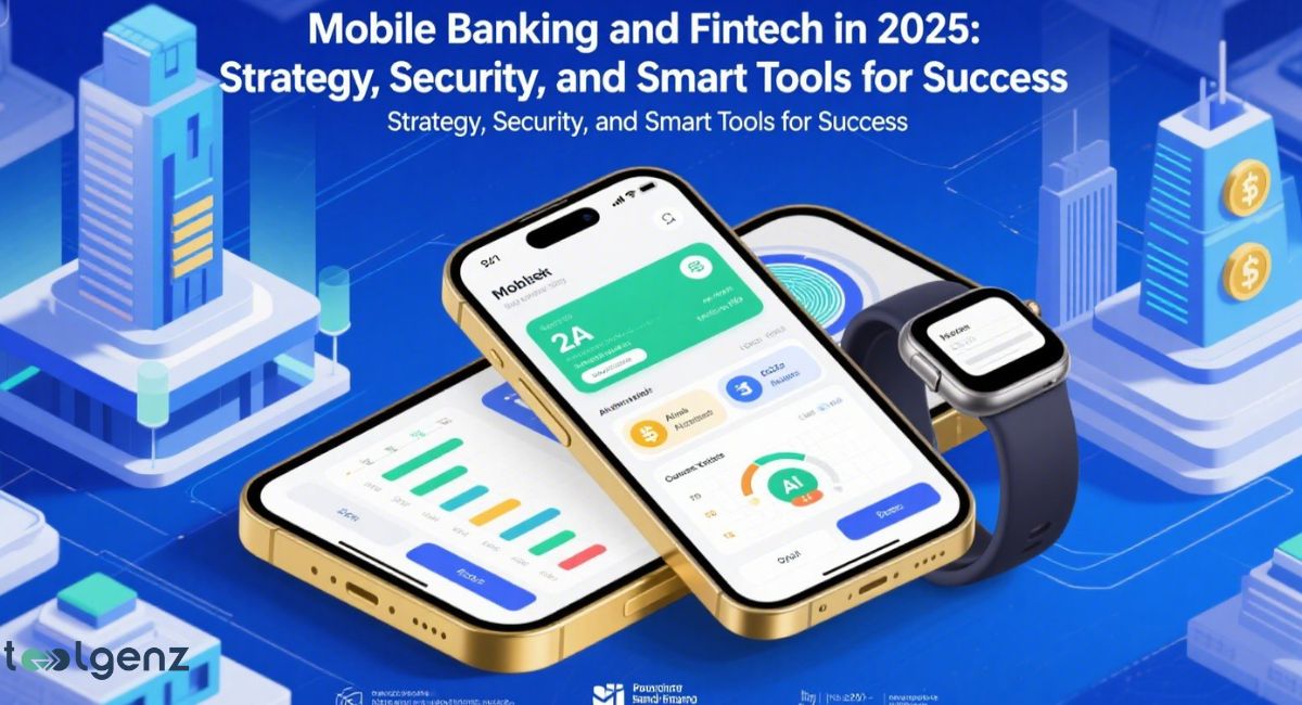 Two golden smartphones and a smartwatch displaying mobile banking and fintech app interfaces with financial data and an AI icon, set against a backdrop of futuristic city buildings, representing "Mobile Banking and Fintech in 2025: Strategy, Security, and Smart Tools for Success."