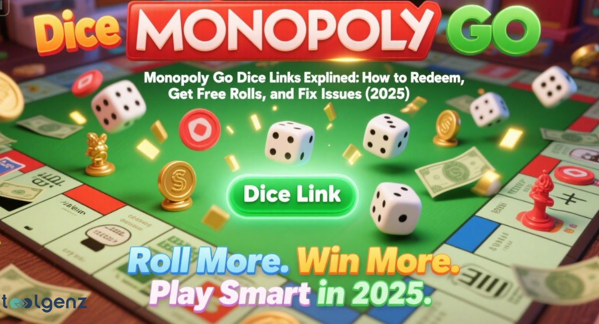 A split image featuring two sections. The left section shows a Monopoly Go! game board with dice, tokens, and money under the title "Monopoly GO Dice." The right section features hands interacting with a smartphone displaying gaming content, and a play button.