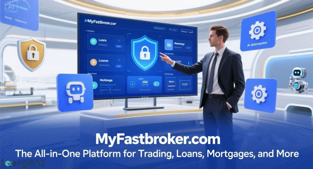 A professional man in a suit stands next to a large digital screen displaying the "MyFastbroker.com" interface, which features sections for "Loans," "Mortgages," and a central padlock icon, indicating security. Around him, floating icons represent "AI Automation," a robot/bot, and gears, all beneath the title "MyFastbroker.com Review 2025: The All-in-One Platform for Trading, Loans, Mortgages, and More."