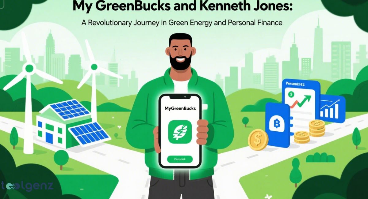 An illustration of a man with a beard holding a smartphone displaying the "MyGreenBucks and Kenneth Jones" logo. Behind him are wind turbines and a house with solar panels, with a cityscape in the background and icons representing financial growth, symbolizing a journey in green energy and personal finance.