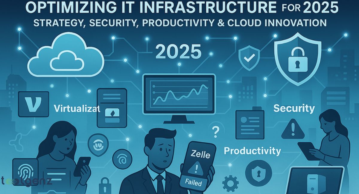 An infographic illustrating "Optimizing IT Infrastructure for 2025: Strategy, Security, Productivity & Cloud Innovation." It depicts various digital concepts like a cloud, a monitor with a graph, security shields, and virtual reality icons, along with cartoon people interacting with technology. One person holds a tablet showing "Zelle Failed."