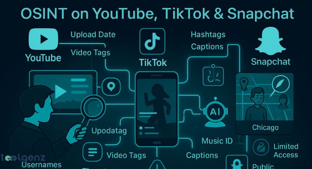 "OSINT on YouTube, TikTok & Snapchat." It shows a central smartphone screen with a silhouette of a dancer, connected to data points like "Music ID" and "Captions." Surrounding this are platforms YouTube, TikTok, and Snapchat, each with specific OSINT data points like "Upload Date," "Video Tags," "Hashtags," "Captions," and "Geo-Location."