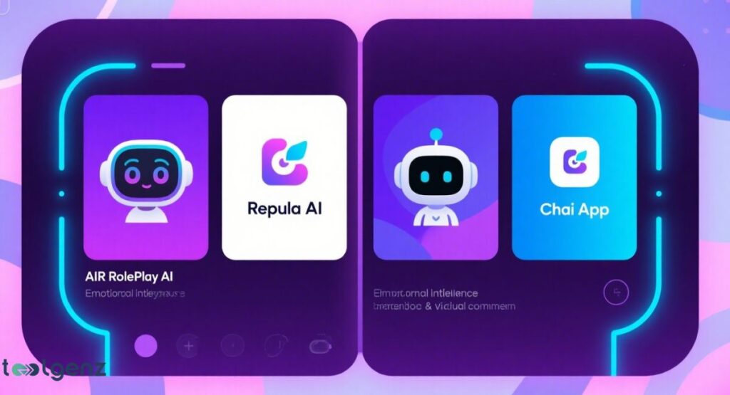 Two stylized smartphone screens displaying alternative AI chatbot apps: "AIR RolePlay AI" with a robot avatar and "Replika AI" on the left, and a different robot avatar for "Emotional Intelligence" with "Chai App" on the right. Both screens are framed by glowing blue lines.