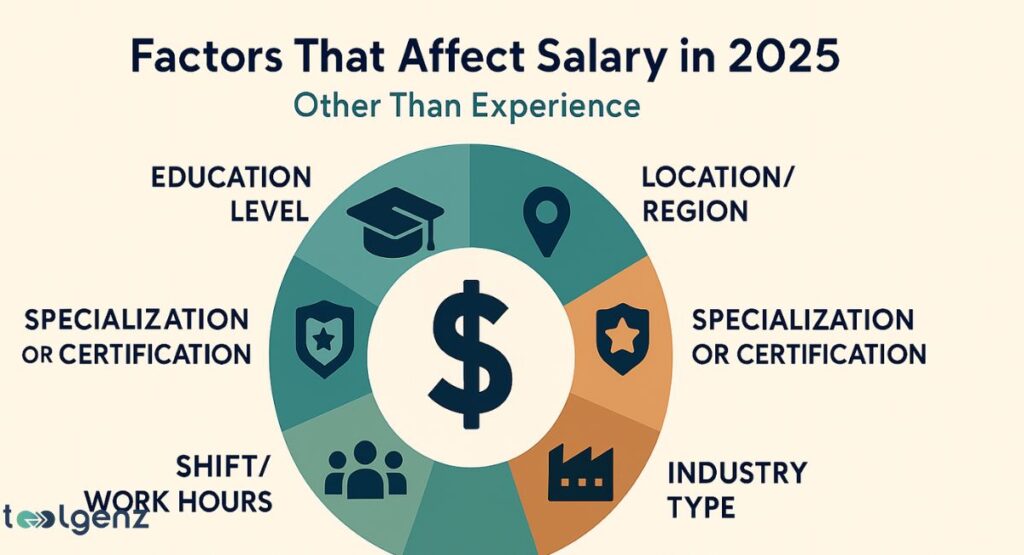 A circular infographic showing "Factors That Affect Salary in 2025 Other Than Experience," with a dollar sign at the center and six segments radiating outwards. Each segment represents a factor: Education Level, Location/Region, Specialization/Certification (two segments), Shift/Work Hours, and Industry Type.