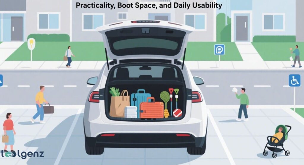 The rear view of a white SUV (likely a Tesla Model Y) with its trunk open, filled with luggage and daily items, parked on a street with people walking by, illustrating the vehicle's practicality, boot space, and daily usability.