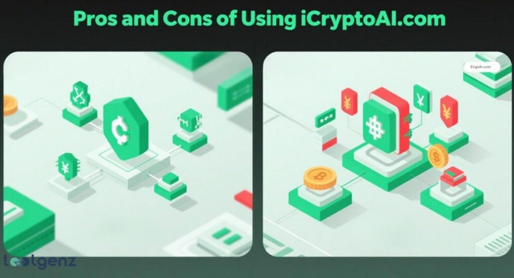 A split image illustrating "Pros and Cons of Using iCryptoAI.com." The left side shows a green shield with a dollar sign amidst interconnected, secure-looking modules (pros), while the right side shows a central block with cryptocurrency symbols and red elements like a warning sign, representing potential cons.