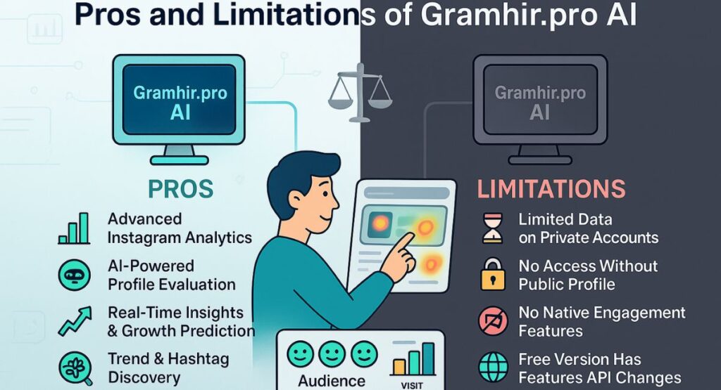 A split infographic titled "Pros and Limitations of Gramhir.pro AI." The left (light blue) side lists "PROS" with a vibrant monitor and icons for advanced analytics, AI-powered profile evaluation, real-time insights, and trend discovery. The right (dark grey) side lists "LIMITATIONS" with a muted monitor and icons for limited data on private accounts, no access without public profile, no native engagement features, and free version limitations.