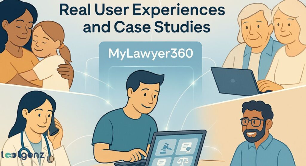 "Real User Experiences and Case Studies" for MyLawyer360. It features a central box displaying "MyLawyer360" with a laptop and smartphone. Around it are vignettes of diverse people experiencing positive outcomes, such as a mother and child embracing, an elderly couple on a laptop, a doctor on a phone, and a man smiling at his laptop.


