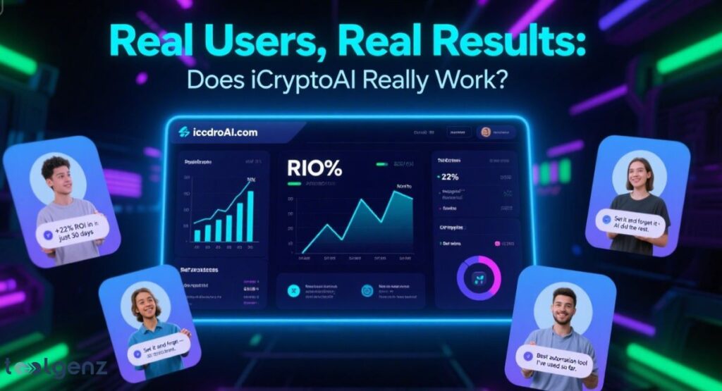 Here are the details for the image you provided:

ALT Text: A central digital dashboard for "https://www.google.com/search?q=iCcddroAI.com" displaying cryptocurrency investment graphs and ROI, surrounded by four user testimonials with smiling faces and positive feedback like "+22% ROI in just 30 days," "Set it and forget it," and "Best automation tool I've used so far," all under the title "Real Users, Real Results: Does iCryptoAI Really Work?".