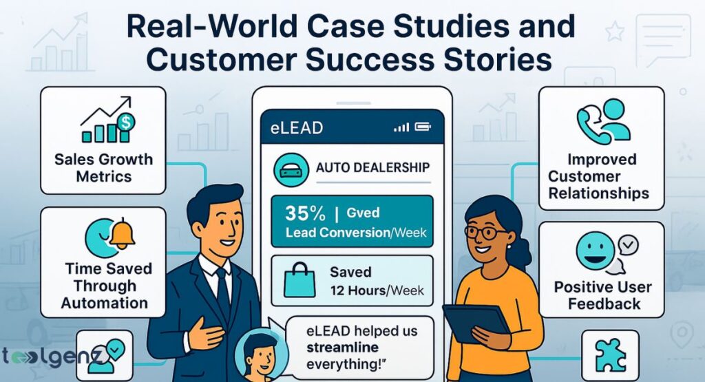 Two cartoon business professionals, a man and a woman, stand next to a large smartphone displaying the eLEAD CRM mobile app interface. Around them, various icons highlight key features: Improved Sales Performance, Stronger Customer Relationships, Real-Time Notifications & Alerts, and On-the-Go Sales Tracking. The title is "eLEAD CRM Mobile App and User Experience."

