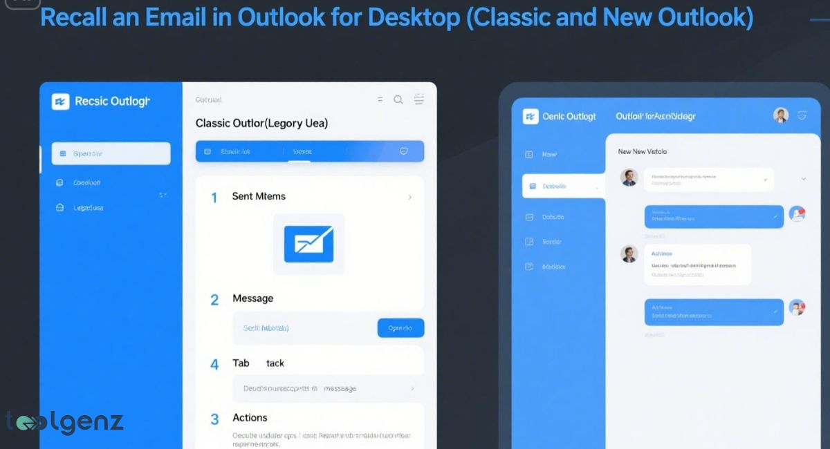 Recalling an Email in Outlook A split screen showing two different Outlook interfaces: the left demonstrating the classic Outlook email recall process with steps like "Sent Items" and "Message," and the right showing a "New Outlook" interface with a conversation view.