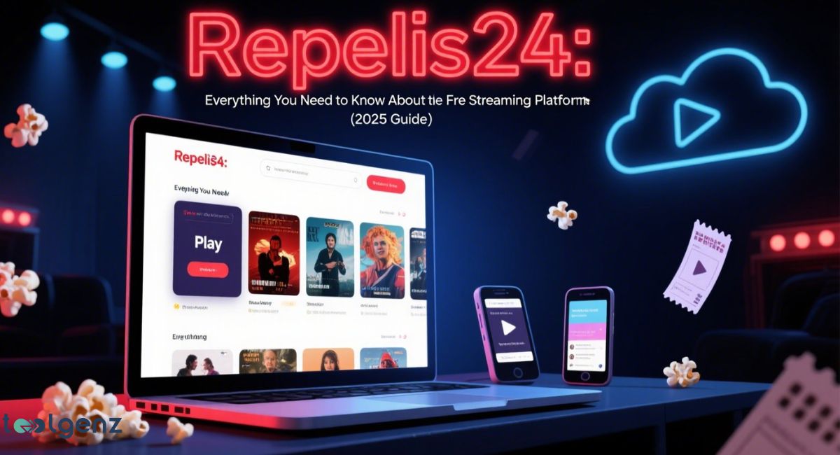 A neon-lit scene featuring a laptop displaying the "Repelis24" streaming platform interface, surrounded by popcorn, two smartphones, a movie ticket, and a glowing cloud icon, under the main title "Repelis24: Everything You Need to Know About the Free Streaming Platform (2025 Guide).