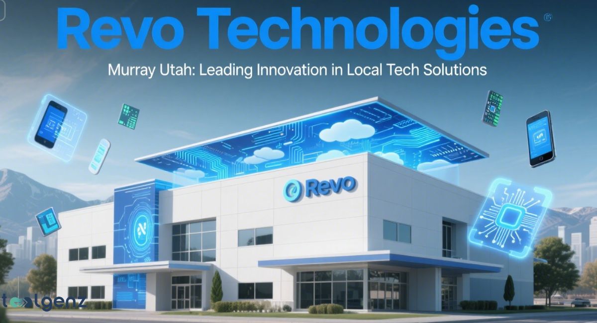 An illustration of the Revo Technologies building in Murray, Utah, with a digital overlay of circuit board patterns on the roof and surrounding it, along with floating holographic smartphone and microchip icons, under the title "Revo Technologies: Murray Utah: Leading Innovation in Local Tech Solutions."