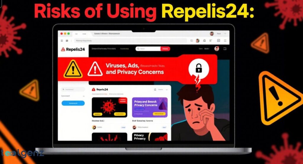 A laptop displaying the "Repelis24" streaming platform, with a red banner highlighting "Viruses, Ads, and Privacy Concerns" and a worried man. Various warning signs and virus icons are scattered around.