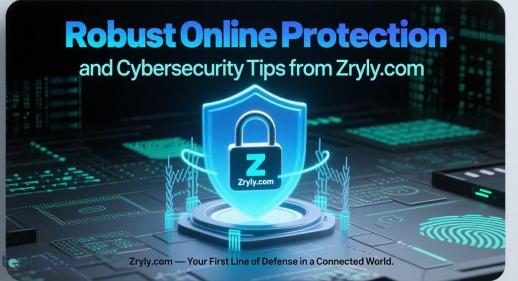 A glowing blue shield with a padlock icon (featuring a "Z") at its center, standing on a futuristic pedestal amidst a dark, circuit board-like background with glowing lines and a fingerprint icon. The text reads "Robust Online Protection and Cybersecurity Tips from https://www.google.com/search?q=Zryly.com" and Zryly.com — Your First Line of Defense in a Connected World.