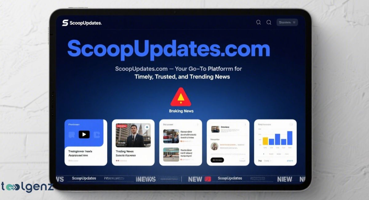 A tablet displaying the "ScoopUpdates.com" website, with sections for trending news, business news, and social media trends, and a prominent "Braking News" alert.