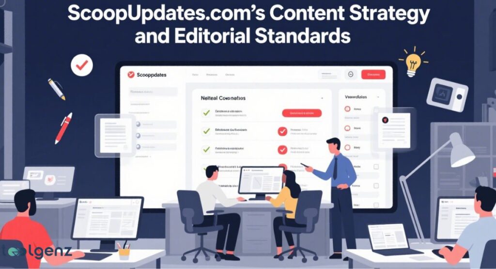 A digital interface showing various content cards for "ScoopUpdates.com," categorized by topics such as "News," "Finance," and other blurred categories, all under the title "Core Categories and Topics Covered on ScoopUpdates.com.