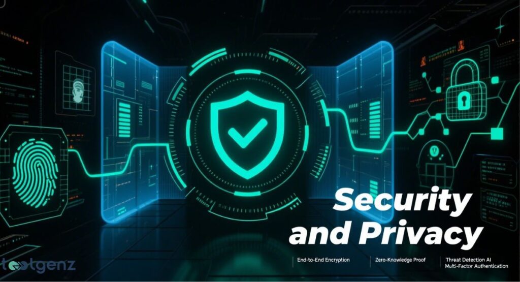A digital interface with a prominent glowing green shield and checkmark icon at its center, flanked by a fingerprint scanner and a padlock, symbolizing robust security and privacy measures.