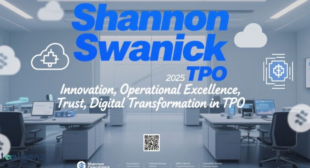 A conference room with multiple desks and chairs, featuring glowing digital elements and cloud icons, under the title "Shannon Swanick 2025 TPO: Innovation, Operational Excellence, Trust, Digital Transformation in TPO".