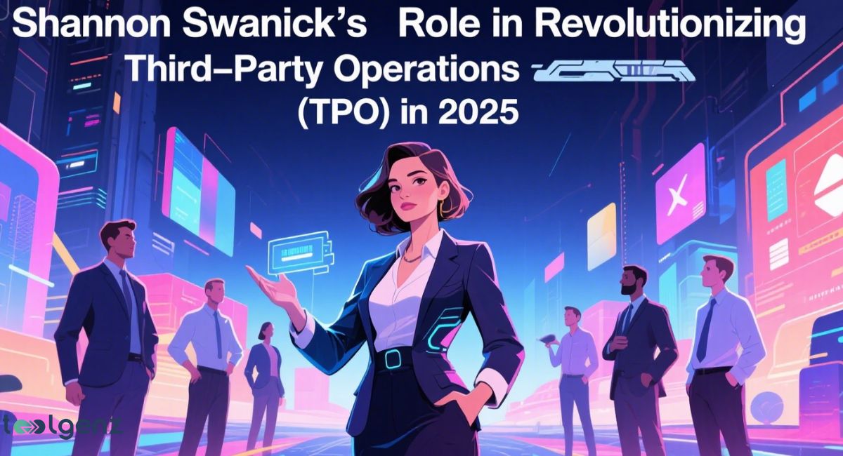 An illustration with the title "Shannon Swanick's Role in Revolutionizing Third-Party Operations (TPO) in 2025," featuring Shannon Swanick TPO in the foreground, gesturing towards digital screens and data visualizations, with a team of professionals in a futuristic, glowing cityscape setting.
